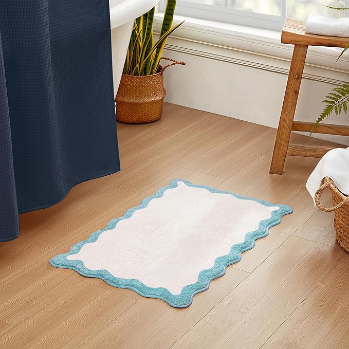 MONDAY MOOSE Bath Mat with Scalloped Wavy Ripple Design, Microfiber Absorbent Non Slip Tufted Rug for Floor, Shower or Kitchen (20x32 inch, Sky Blue)