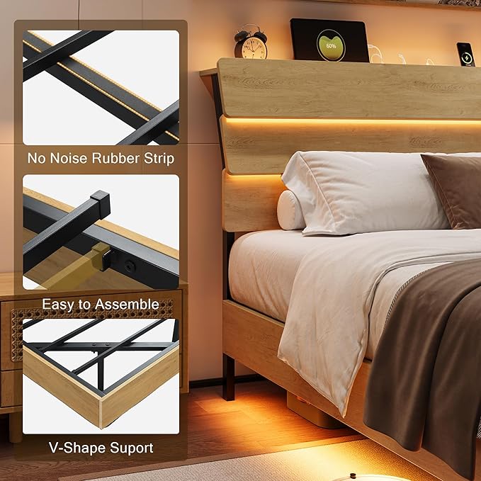 Floating Bed Frame Full Size with Charging Station & Led, Metal Platform Bed Base with Storage Headboard, Heavy Slats Support, No Box Spring Needed, Noise Free, Remote Control, Oak