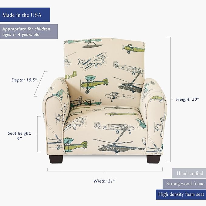 Kid Rocking Chair for Toddlers, Child Chair for Little Kids, Upholstered Toddler Armchair for Children, Comfy and Cute Little Kid Chairs (Legs, Airplanes Print)