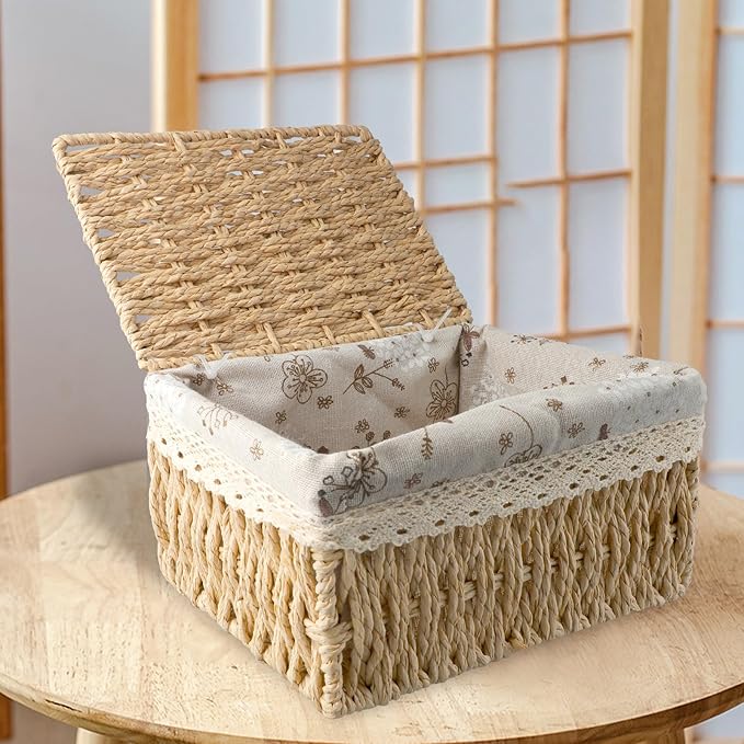 Wicker Storage Basket, Basket with Lid, Practical Wovenbaskets for Storage, Multi-Purpose Wickerbasket with Lid, Suitable for Bedroom, Laundry Room(Natural Color)