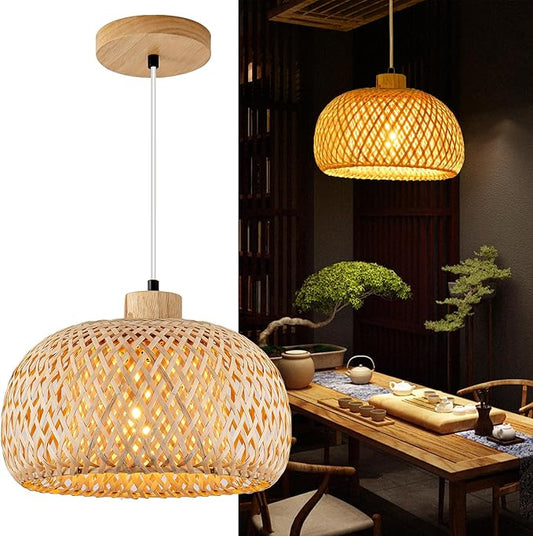 18inch Bamboo Rattan Pendant Light, Hand-Woven Wicker Boho Hanging Ceiling Light Fixture, Beige Pendant Lamp Rustic Farmhouse Chandelier for Kitchen Island, Dining Room, Bedroom, Living Room