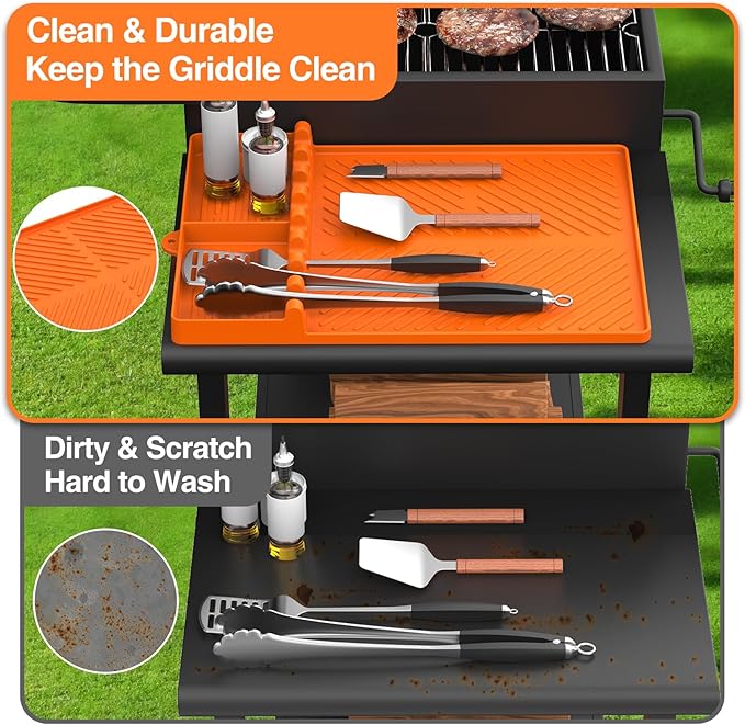 Silicone Griddle Tools Mat for Blackstone, Griddle Accessories Side Shelf Mat Grill Pad for Outdoor Grill Kitchen Counter Spatula Silicone Mat with Drip Pad (Orange (2Packs))