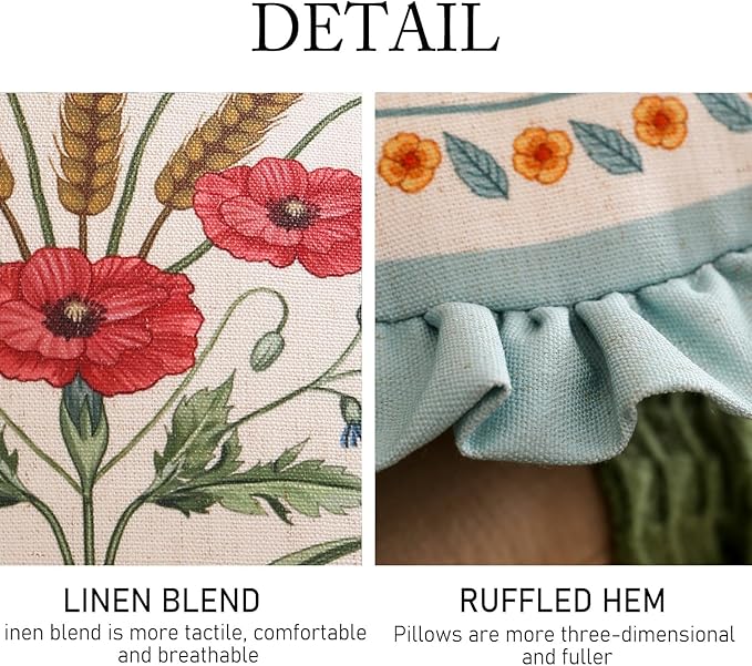 Design Linen Round Throw Pillow Covers Diameter 16", Fresh Farmhouse Cushion Covers with Red Watercolor Wildflower Pattern Decor Pillowcases for Bed,Living Room,Outdoor,Car