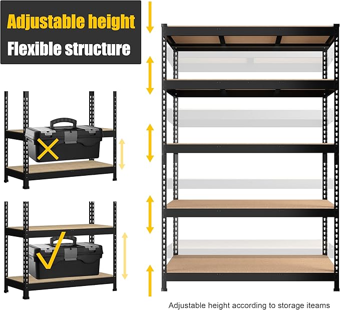 PrimeZone 47" W x 23.6" D x 71" H Large Heavy Duty Storage Shelves - 5 Tier Adjustable Garage Storage Shelving, Metal Storage Utility Rack Shelf Unit for Warehouse Pantry Closet Kitchen, Black