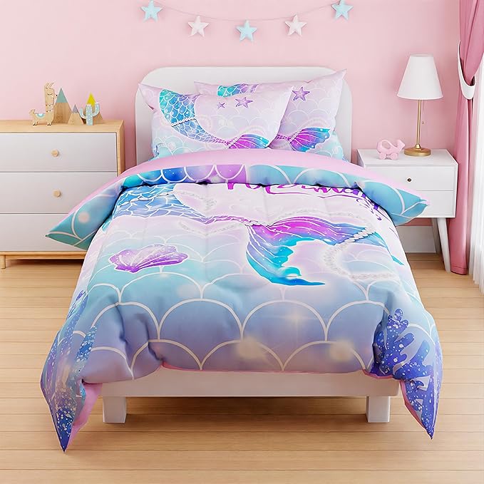 SANDJEST Mermaid Duvet Cover Sets Twin Size for Kids Girls, Include 1 Polyester Comforter Cover 68x86 Inches and 1 Pillowcase 20x26 Inches, Comforter Not Included, Gift for Christmas Birthday