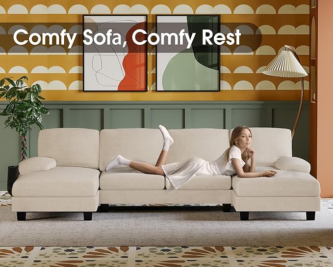 Furmax Sectional Couches for Living Room, U-Shaped Sofa Couch with Linen Fabric, 4 Seat Sofa Set with Double Chaise for Apartment (Fabric, White)