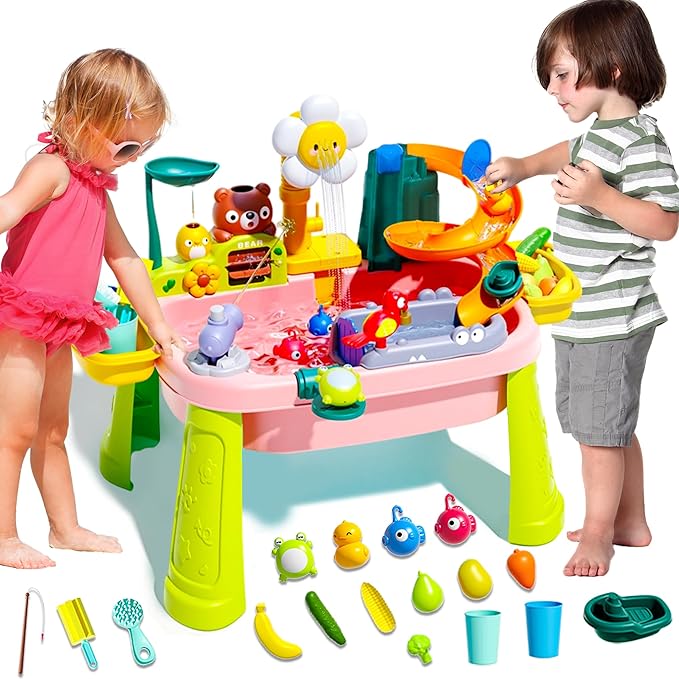 Upgraded Toddler Sand Water Table Toy with Electric Water Pump, Kids Sand Water with Faucet/Play Food Accessories/Fishing Toy, Kitchen Play Sink Toys for Girl Boy Age 3+