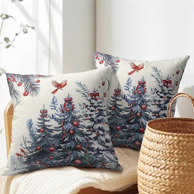 Kawani Christmas Pillow Covers 20x20 Inch Blue Christmas Trees Decorative Throw Pillow Covers Set of 2 Winter Xmas Holiday Pillowcases Cushion Covers for Couch Indoor Outdoor Home Decor