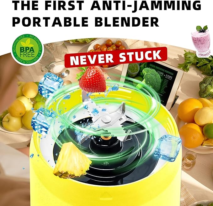 Portable Blender, Anti-Jamming 300 Watt for Shakes and Smoothies, 24oz Travel Blender USB Rechargeable, BPA Free Sporty bottle with a Travel Lid. (Black Base Grey Lid) (Yellow Base Yellow Lid)