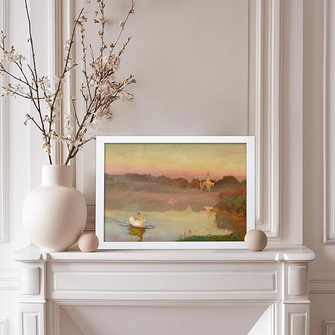 Poster Master Vintage Pond in Radziejowice Poster - Retro Swan Print - Lake Art - Landscape Art - Farmhouse Art - Animal Lover Art - Aesthetic Living Room or Office Decor, 11x14 White Framed