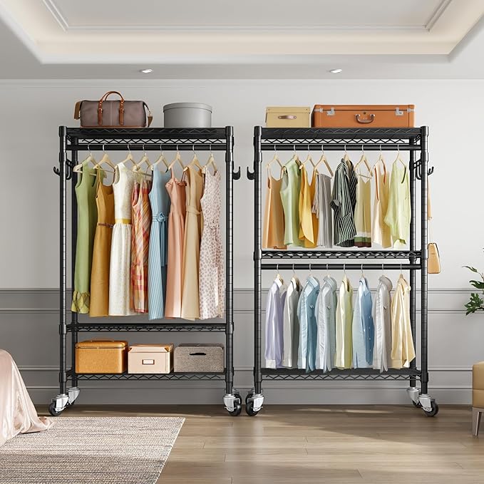 VIPEK R2 Heavy Duty Rolling Garment Rack 3 Tiers Adjustable Clothes Rack with Double Rods & Hooks, Freestanding Wardrobe Closet Storage Rack Metal Clothing Rack for Hanging Clothes, Black