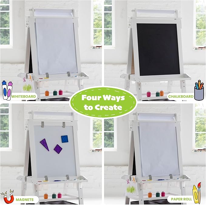Little Partners Deluxe Learn 'N Play Toddler Easel for Kids, Two-Sided Art Center with Chalkboard, Magnetic Dry Erase Whiteboard, Paper Feed, Storage Bins, Paint Containers (Soft White)
