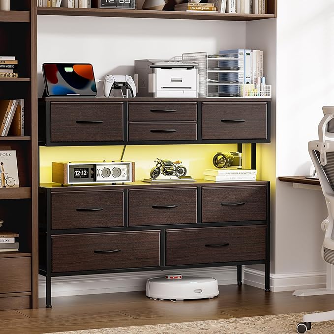 REAHOME Dresser TV Stand with Charging Station and LED Lights, 55” TV Stand Entertainment Center with 9 Drawers, Steel Frame, Large Storage Chest of Drawers for Bedroom, Living Room, Brown