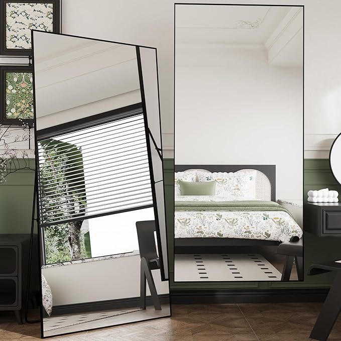 FANYUSHOW Full Length Mirror, Standing Hanging or Leaning Body Mirror, Simple Rectangle Design, Aluminum Alloy Thin Frame, Floor Mirror for Bedrooms, Bathrooms, Living Room 65"x22" (Black)