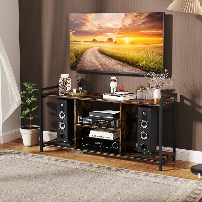 Tangkula Industrial TV Stand for 55” TVs, Entertainment Center with 4 Open Shelves, 3-Tier Media Console Table with Heavy-Duty Metal Frame & Side Guardrails for Living Room (Rustic Brown, 47" L)