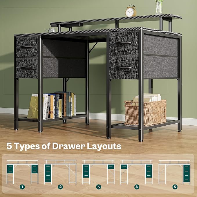 Huuger 47 inch Computer Desk with 4 Drawers, Gaming Desk with LED Lights & Power Outlets, Home Office Desk with Large Storage Space for Bedroom, Work from Home, Carbon Fibre Black