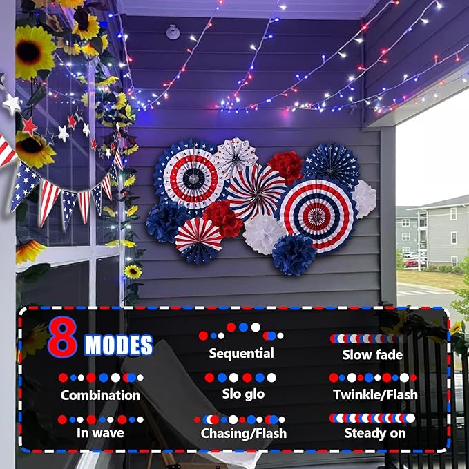 QITONG 500 LED Red White and Blue String Lights,165ft 4th of July Lights Plug in Outdoor Indoor, 8 Modes Clear Wire Patriotic Light for Independence Day Memorial Day Celebration Party Decor