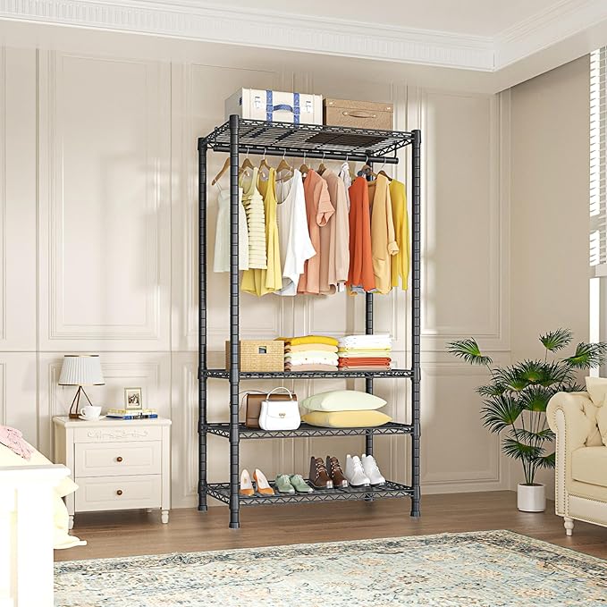 Ulif H2 Heavy Duty Clothes Rack, Freestanding 4 Tiers Garment Rack for Hanging Clothes with Shelves and Hangers, Closet Organizers and Storage Metal Closet Wardrobe System, Max Load 500 LBS, Black
