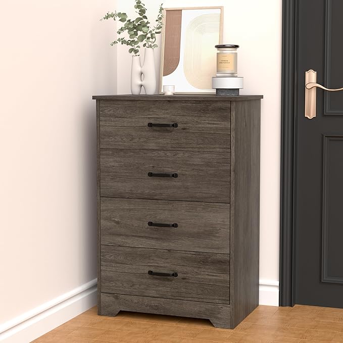 Farmhouse 4 Drawer Dresser, Small Wooden Chest of Drawers Classic White Dresser for Bedroom Living Room Entryway (Dark Gray, 4 Drawer)