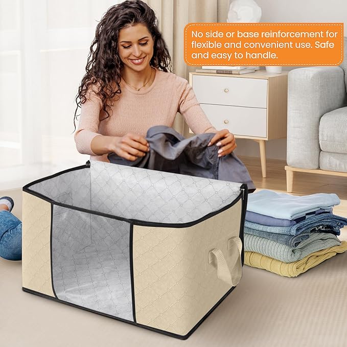 Fab totes 3 Pack Clothes Storage, Foldable Thick Fabric Blanket Storage Bags, Containers for Organizing Bedroom, Closet, Clothing, Comforter,Organization with Handle,Beige