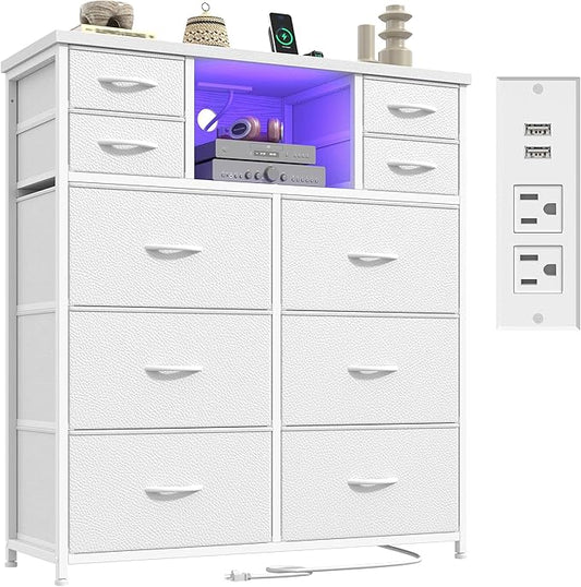 White Dresser for Bedroom with 10 Drawers and Charging Station & LED Light, Sturdy Tall Chest of Drawers with 2 Open Storage Shelves Storage Tower for Closet, Hallway