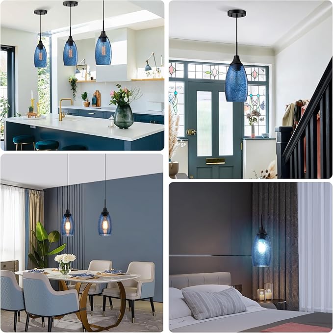 Mini Glass Pendant Light 1-Pack Handblown Clear Dark Blue Seeded Glass Shade Adjustable Cord Ceiling Light Fixture for Kitchen Island Sink 4.72"