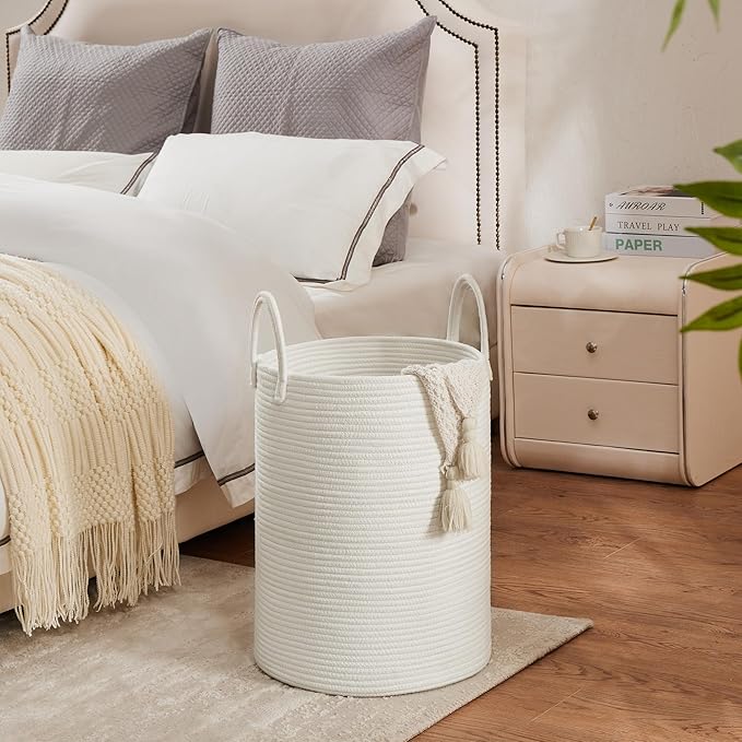 Cotton Rope Laundry Hamper by YOUDENOVA, 72L - Woven Collapsible Laundry Basket - Clothes Storage Basket for Blankets, Laundry Room Organizing, Bedroom Storage, Clothes Hamper – White
