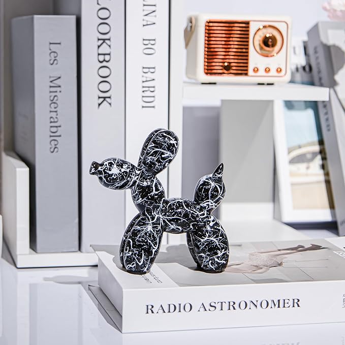 Creative Balloon Dog Statues Small Ceramic Animal Sculpture Modern Home Decor Living Room Desktop Decorations Bedroom Office Cabinet Ornament (Black-B)