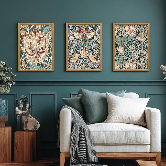 FASWQ Wood Framed William Morris Wall Art, Nouveau Vintage Botanical Wall Decor, Retro Intricate Floral Animal Canvas Painting, Retro Natural Flower Bird Poster Print for Living Room Bedroom 12"x16"x3
