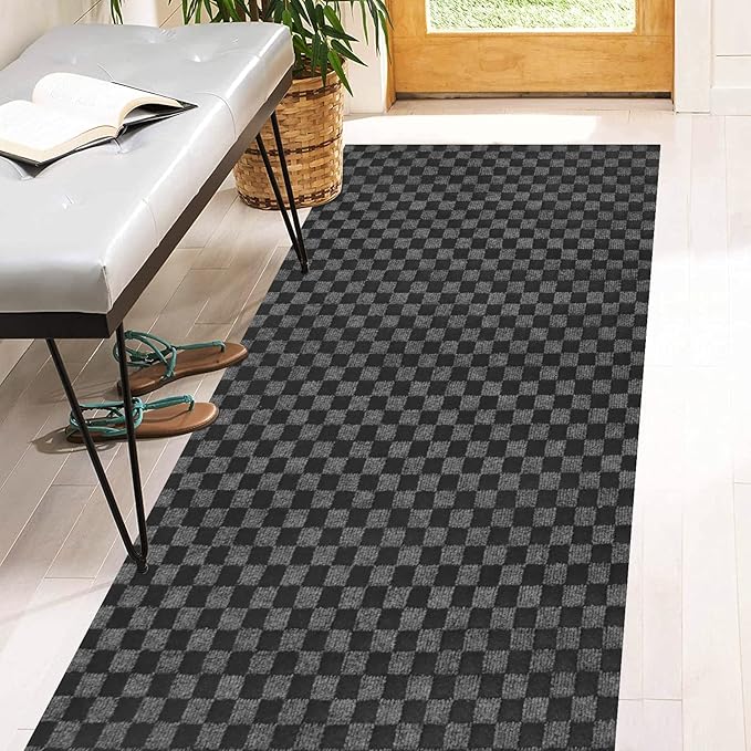 4' x 13' Runner Rugs with Rubber Backing, Indoor Outdoor Utility Carpet Runner Rugs, Checkered Gray, Can Be Used as Aisle for The RV and Boat, Laundry Room and Balcony