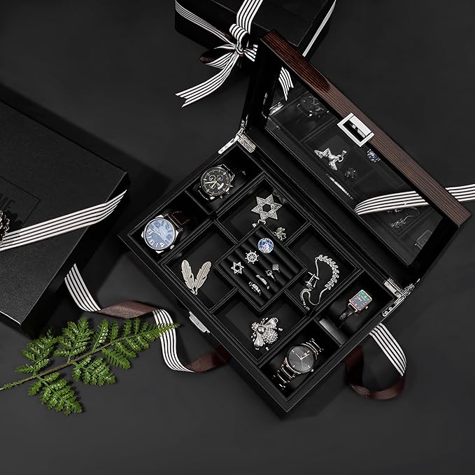 BEWISHOME Jewelry Box for Men, Mens Jewelry Box with Glass Top, Wooden Watch Box Organizer with Smooth Faux Leather Interior, Jewelry Display Case for Earrings Rings Bracelets Watches, Brown SSH07Y