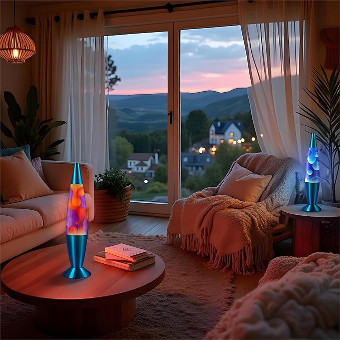 JAMBO 2 Pack- 16" Beautiful Lamp- Blue with Blue/White Wax and Purple with Yellow Wax, Relaxing Liquid Lamp, Night Light Nightlight, Lamps for Adults Teens Kid