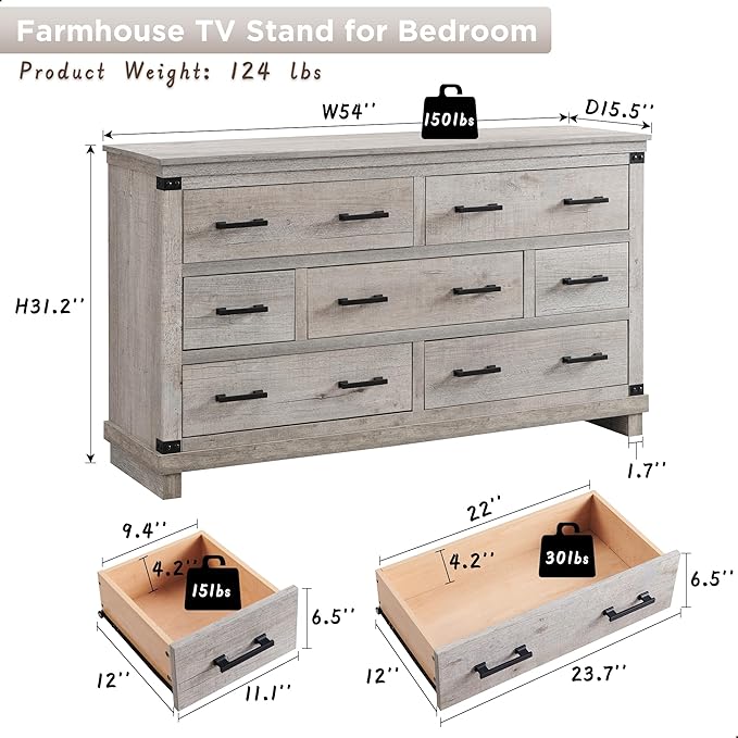RedLemon Farmhouse 7 Drawer Dresser for Bedroom, Wood Large Chest of Drawers with Thick Plank Styling, Rustic Closet Dresser for Living Room, Light Rustic Oak