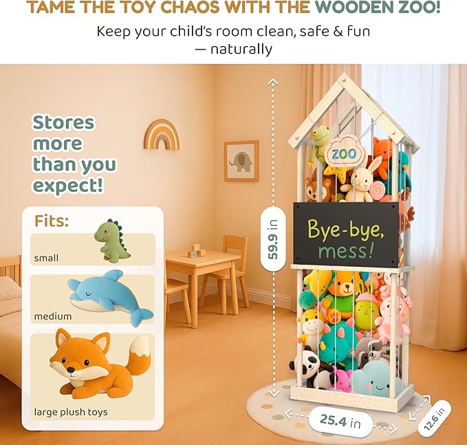 Extra Large Stuffed Animal Storage Zoo – Wooden Vertical Plush Toy Organizer & Storage with Built-in Chalkboard, 3 Chalks & Holder, Tool-Free Assembly, Anti-Tip Strap & Bumpers