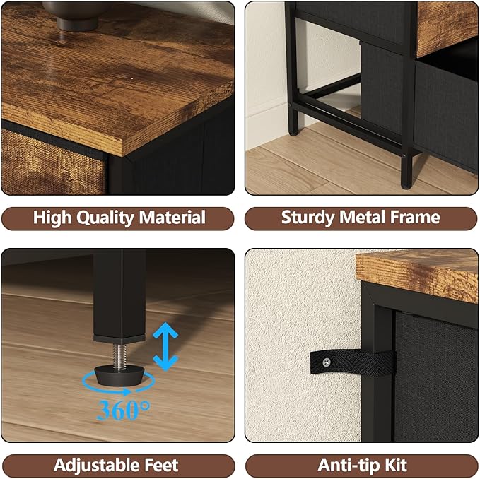 Loomie 63 Inch Dresser for Bedroom, Wide Long Fabric Dresser with LED Lights & 8 Drawers, Large TV Stand for 55, 65, 70 Inch TV, Entertainment Center with Storage (Rustic Brown)