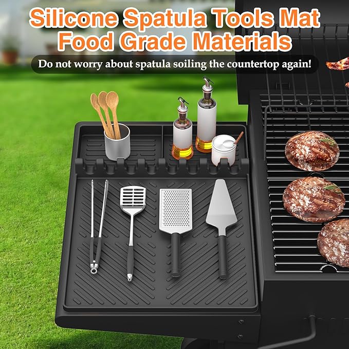 Silicone Griddle Tools Mat for Blackstone, Griddle Accessories Side Shelf Mat Grill Pad for Outdoor Grill Kitchen Counter Spatula Silicone Mat with Drip Pad (Black (2Packs))