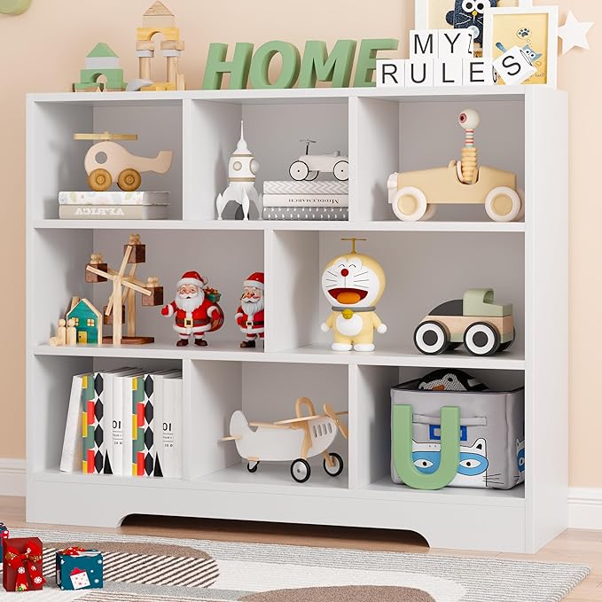 Kids Book Shelf Set of 2, 8 Cubes Storage Organizer Montessori Bookshelf, 3-Tier Wooden Kids Bookcase, Toy Storage Organizer for Children, White Toddler Bookshelf Cube Shelf for Kid’s Room