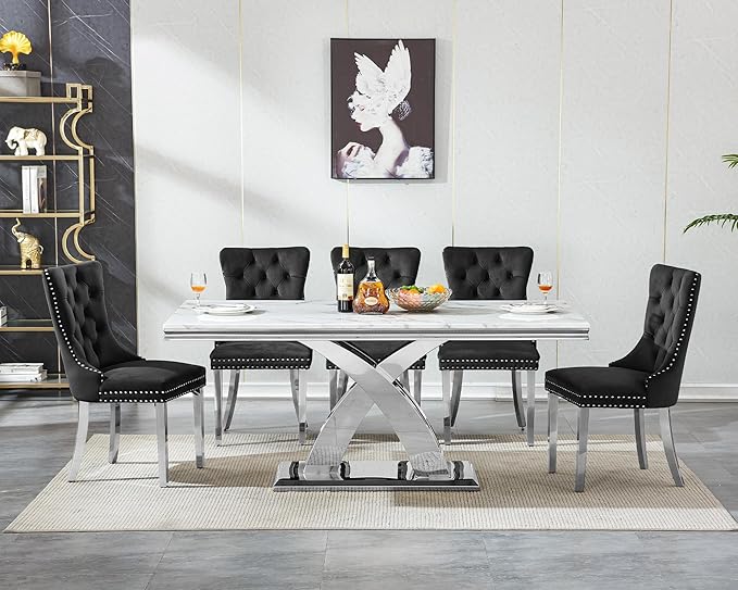 Goujxcy 68" Marble Dining Table Set for 6, Modern Rectangle Dining Room Table Set for 6, Luxury White Silver Marble Kitchen Table and Chairs Set of 6 for Living Room,Kitchen