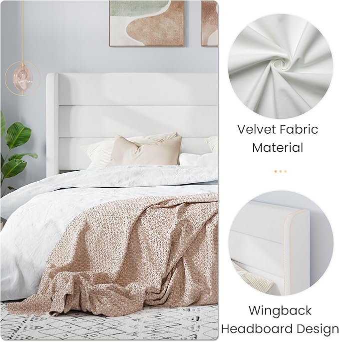 SHA CERLIN King Size Velvet Bed Frame/Vertical Channel Tufted Wingback Headboard/Upholstered Platform Bed with Wooden Slats/Mattress Foundation/No Box Spring Needed/Easy Assembly/White