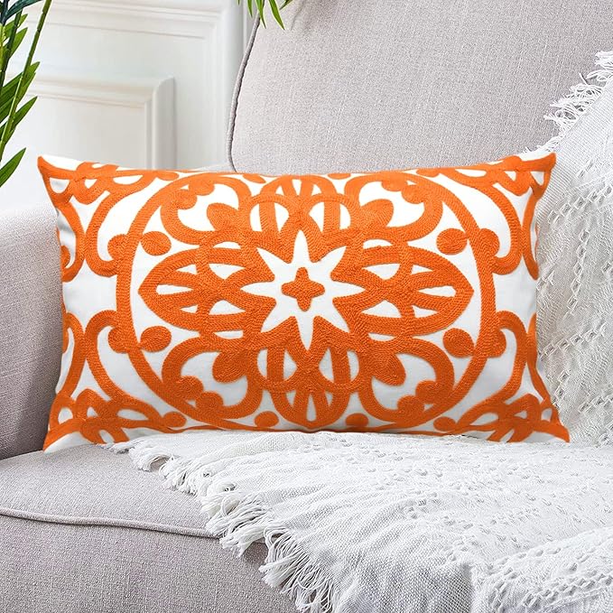 Alysheer Embroidered Lumbar Decorative Throw Pillow Cover 12"x 20", Classic Boho Mandala Embroidery Pattern Cotton Rectangular Cushion Case for Sofa Couch Living Room Bedroom (Bright Orange)