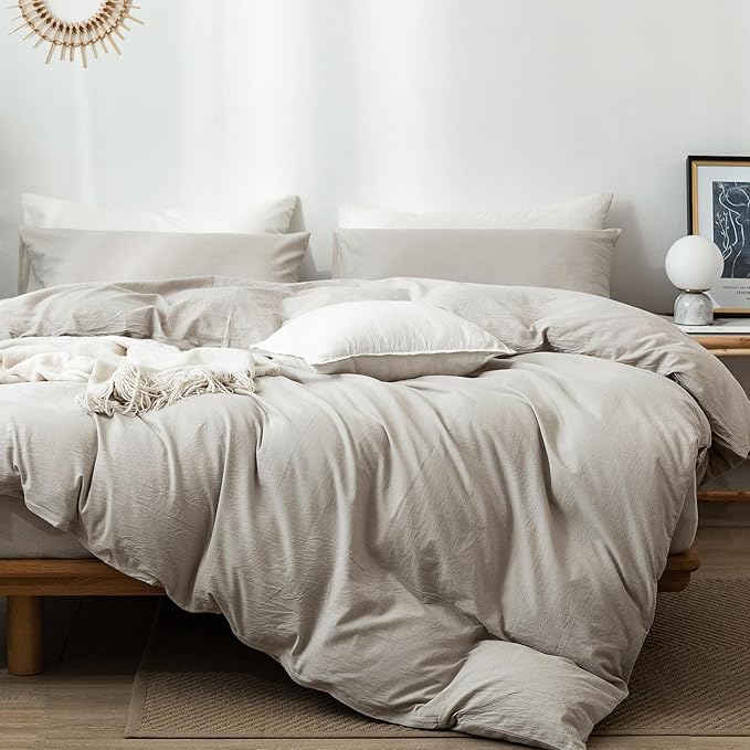 MooMee Bedding Duvet Cover Set 100% Washed Cotton Linen Like Textured Breathable Durable Soft Comfy (Heathered Cream Grey, Super King Plus 120"x120")