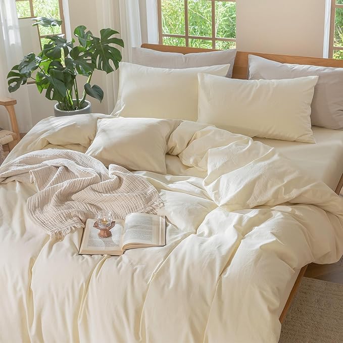 MooMee Bedding Duvet Cover Set 100% Washed Cotton Linen Like Textured Breathable Durable Soft Comfy (Solid Cream White, Super Queen 90"x98")