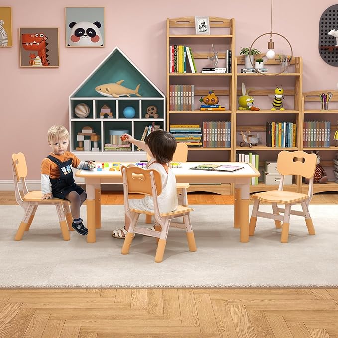 Costzon Kids Table and 4 Chair Set, Height Adjustable Toddler Desk and Chairs with Graffiti Desktop, Non-Slip Legs, Children Art Study Multi-Activity Table Set for Home, Daycare, School (Natural)
