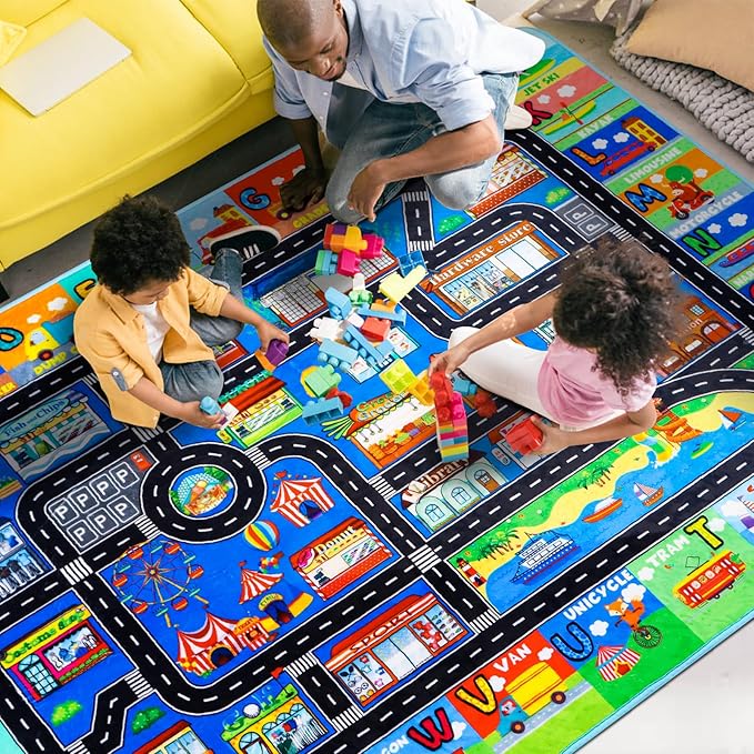 Kids Rugs for Toy Cars Playroom 78.7"×59" ABC Transportation Animals Play Mat Educational Mat Alphabet Area Rug Public Buildings Kids Playtime Collection Toddler Learning Carpet