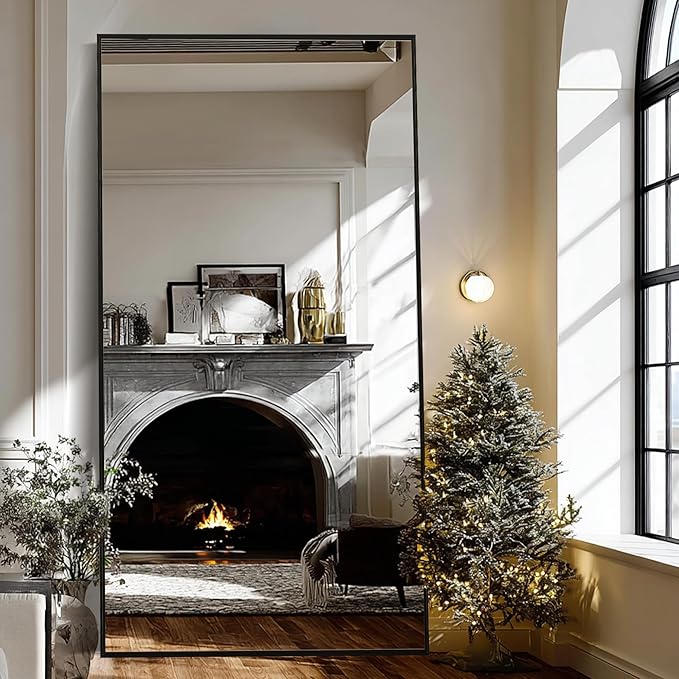 Beauty4U 79" x 39" Large Full Length Mirror with Stand, Metal Frame Black Wall Mounting Full Body Tempered Mirror for Living Room, Bedroom