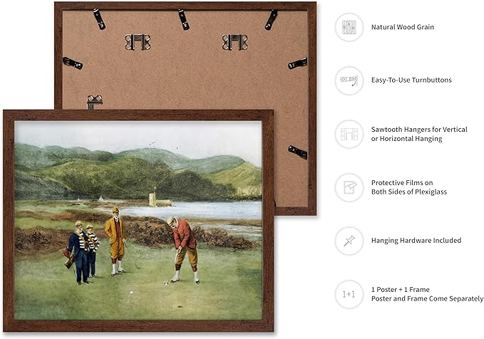 Poster Master The Putting Green Painting Poster - Golf Course Print - Golf Art - River Art - Sports Art - Landscape Art - Father's Day Art - Great Office or Living Room Decor, 16x20 Brown Framed