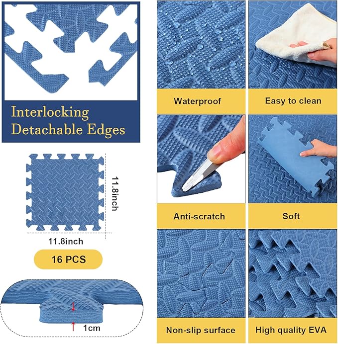 Shihanee 16 Pcs Foam Floor Baby Tiles 11.81 x 11.81 inches Foam Floor Mats Play Mats Bulk with Borders Interlocking for Kids Baby Playroom Nursery Gym（Navy Blue）