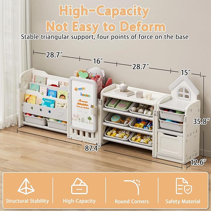 Kids Toy Storage Organizer with 10 Removable Bins, Foldable Toy Organizers and Storage with 3-Tier Bookshelf for Kids Toy Storage Organizer with Drawing Board, Extra 3 Brushes (4 In 1 Off-white)