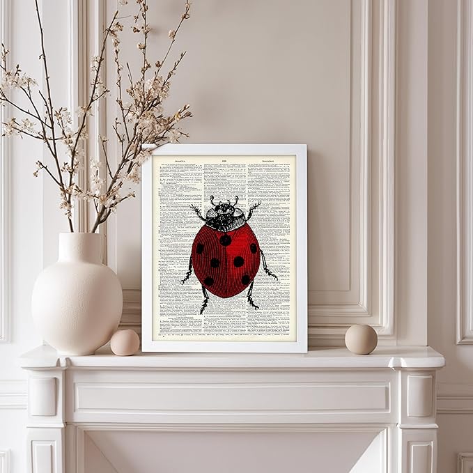 Poster Master Dictionary Art Poster - Retro Ladybug Print - Insect Art - Red Bug Art - Gift for Men, Women & Animal Lover - Minimal Decor for Living Room & Kid's Room, 11x14 White Framed
