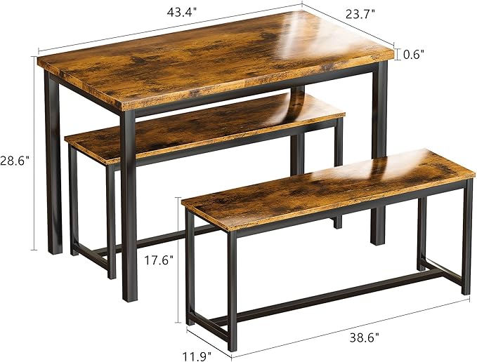 AWQM Dining Room Table Set, Kitchen Table Set with 2 Benches, Ideal for Home, Kitchen and Dining Room, Breakfast Table of 43.3x23.6x28.5 inches, Benches of 38.5x11.8x17.5 inches, Rustic Brown